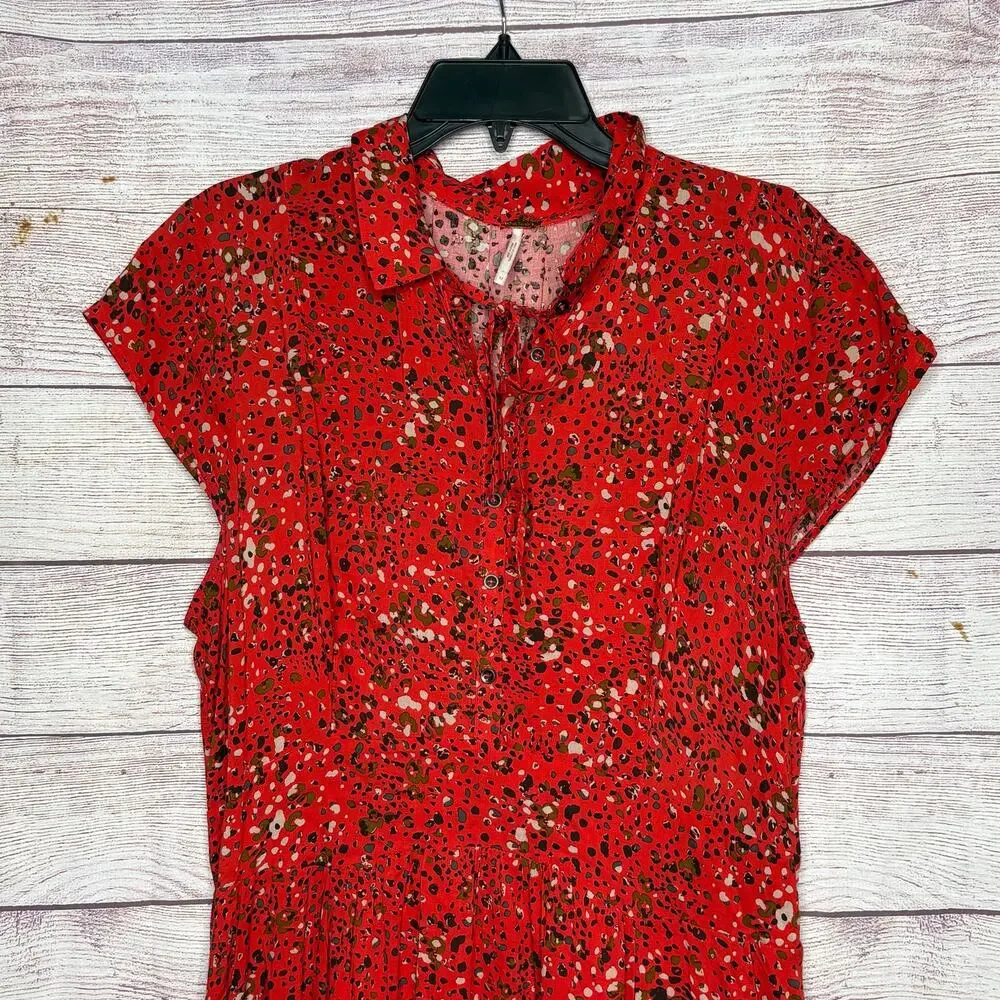 Free People 40's Print Midi Button Up Cap Sleeve Red Lined Shirt Dress Size 12